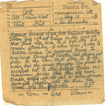 Santa Fe. Train Order Aug 10, 1923 at San Bernardino - Railroadiana