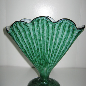 Czechoslovakia Art Glass for Export Green fan vase Decor is Stripes and Aventurine - Art Glass