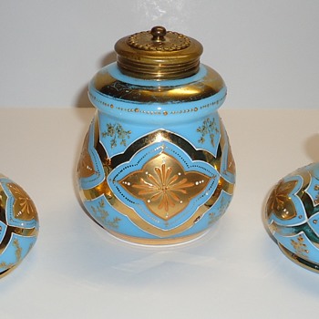 Bohemian? Vanity Set - Blue Opaline? with Gold Enamel - Bottles