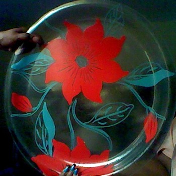 Eames Era Clear Glass Serving Plate Red Flowers  - Glassware