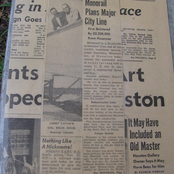 1957 Houston Press article and photograph about constructing a monorail system.