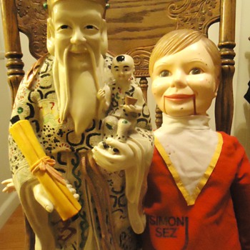 Chinese resin? man with Dummy, $5.00 from garage sale, need help! about 12 lbs. 20" tall - Asian