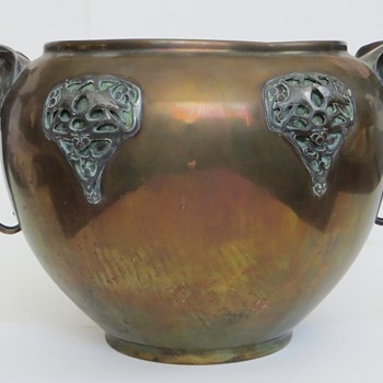 Large Brass/Copper/? Pot w/Elephant Handles & Art Nouveau applications, Antique - Art Nouveau