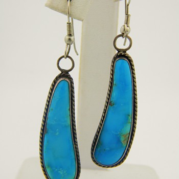 Vintage Antique Navajo Turquoise Sterling Pendant Earrings 37mm x 10mm