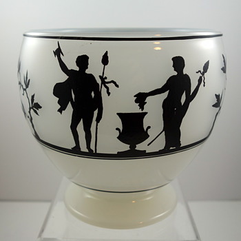 White Opaline Footed Bowl with silhouette enameling - Art Glass