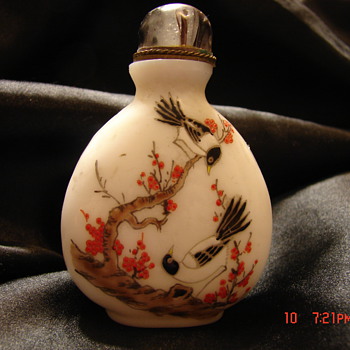 White Chinese Snuff Bottle Hand Painted Signed on Bottom - Asian