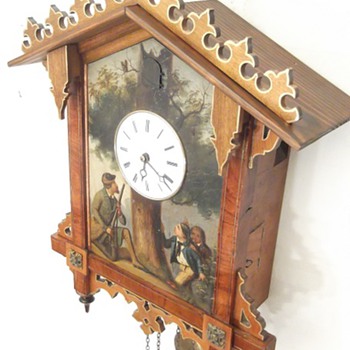 Gorgeous antique hand painted "tin plate" cuckoo clock. Ca 1860 - Clocks