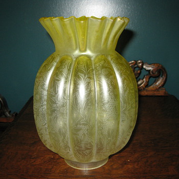 I have a beautiful old oil lamp shade that I can't find any information on, can someone identify it.  8" tall  - Art Glass