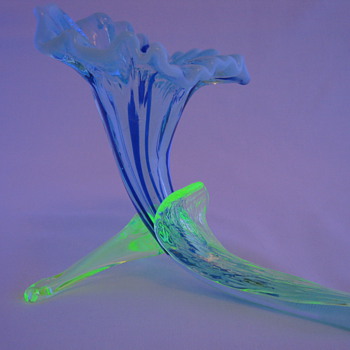 Kralik Floriform Bud Vase Applied Uranium Leaf and Legs with a Cobalt Blue Stripes ca 1900 - Art Glass