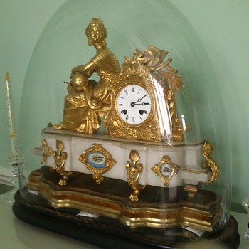 Antique Mantle Clock glass dome; could be gilt; French; marble; Uranie