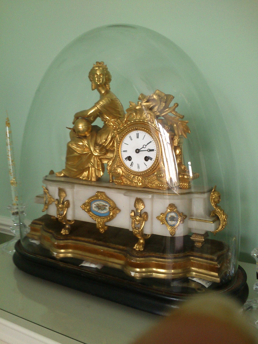 Antique Mantle Clock glass dome; could be gilt; French; marble; Uranie