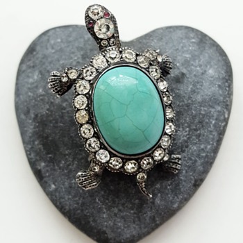Antique tortoise 925 silver, turquoise, pastes brooch. The mysterious maker again! - Fine Jewelry