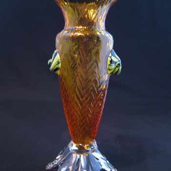 Rare Kralik Art Deco Amber Herringbone Art Glass Vase Applied Footed Base with Mottled Prunts...DELISH! - Art Glass