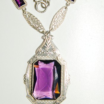 Vintage Antique Deco Amethyst Paste Filigree Sterling Lavaliere Necklace