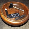 wooden fruit bowl with green velvit covered base--1940s?