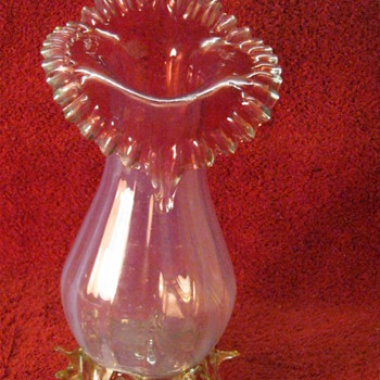 Blown cranberry opalescent Jack in the Pulpit vase - Art Glass