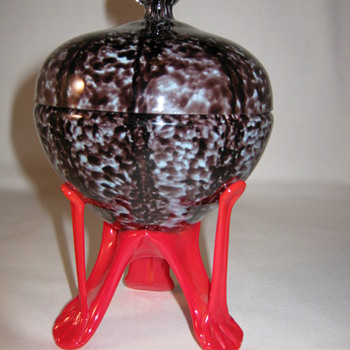 Czech Deco Export Glass 1930's Gorgeous Covered Candy dish Red Strutted Base Czechoslovakia - Art Glass