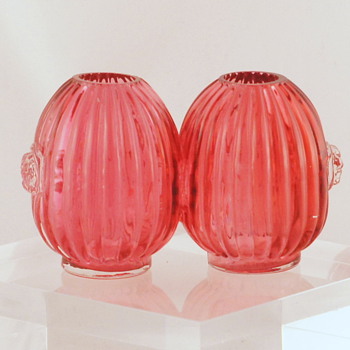 Welz Ribbed Ball Vases with Clear Raspberry Prunts - A Very Unique Design - Art Glass