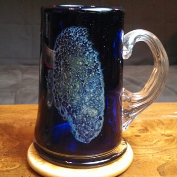 cobalt blue blown iridized clear handled tapered mug - Glassware