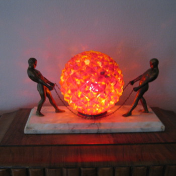 Art Deco bronze male Czechoslovakian glass globe lamp Ruckl - Art Deco