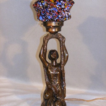 22" ART DECO FIGURAL LAMP - CZECH ART GLASS STAR SHADE - WOMAN HOLDING GARLAND - Lamps