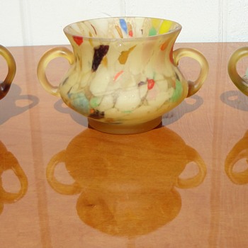3 Little Spatter Cups plus one Green Vase - Art Glass