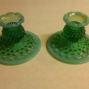 STUNNING AND RARE PAIR OF FENTON EMERALD GREEN OPALESCENT CANDLE HOLDERS - Glassware