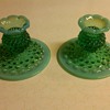 STUNNING AND RARE PAIR OF FENTON EMERALD GREEN OPALESCENT CANDLE HOLDERS