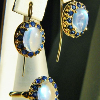 Antique Deco Ceylon Moonstone Sapphire Ring & Earring Demi Parure 14k FOR WPJ - Fine Jewelry