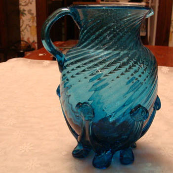 Blue Spiral Lily Pad Footed Blown Pitcher