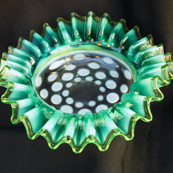 Crystal Opalescent Bullseye Ice Cream Dishes with Various Bevels and Vaseline Rim Edges