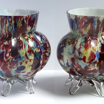 Welz Rainbow 'Decoupage' Footed Vase Pair - Art Glass
