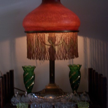 Rare blood red Handel Mosserine shaded lamp.