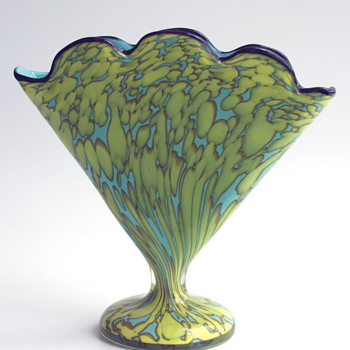 WELZ Scalloped Fan Vase...baby blue with light green/yellow spots - Art Glass