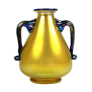 Loetz Gold Silberiris Vase with Blue Handles and Rim - Art Glass
