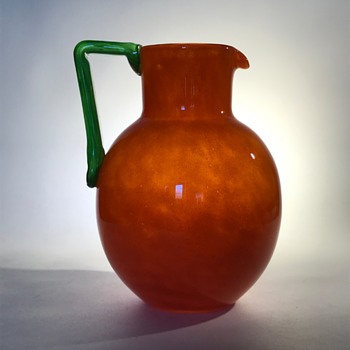 French Schneider Orange Pitcher or Jug with Green Handle - Art Glass