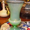 Green Opalescent with Brass/Metal Rim Vase UNKNOWN