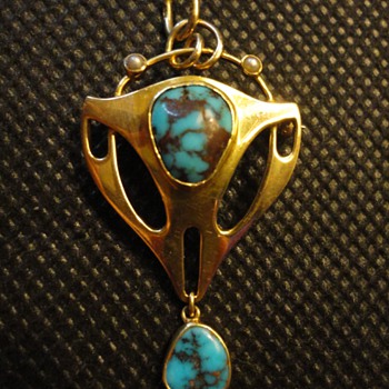 Arts & Crafts gold and turquoise pendant and brooch by Murrle Bennett - Fine Jewelry