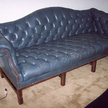 Vintage Ethan Allen Blue Leather Office Couch - Furniture