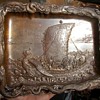 Pierced Dragon rimmed ship voyage embossed Oriental pewter tray  