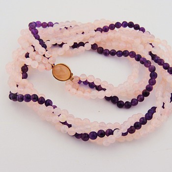 Vintage Deco Amethyst Rose Quartz Bead Necklace Choker 3 Strand 835 Silver Gilt Germany