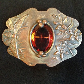 Art Nouveau Bee & Flower C-clasp Brooch - Costume Jewelry