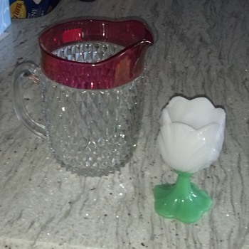 Clear and Red Pitcher and Milk Glass Tulip