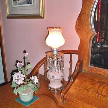 Beautiful pink frosted glass boudoir lamps with crystals......1940's - Lamps