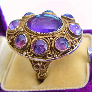 Vintage Deco Chinese Amethyst Cab Gilt Silver Filigree Ring  - Fine Jewelry