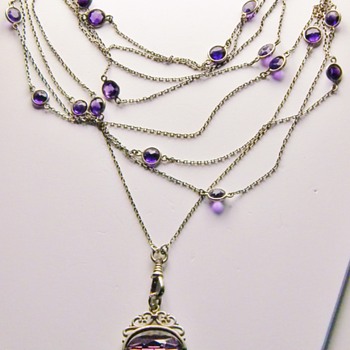 Antique Victorian Amethyst Muff Chain 900 Silver Necklace 64"  - Fine Jewelry