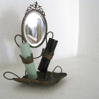 1800's ?Antique Brass ? Lipstick Holder with Tray and Beveled Mirror 6" Tall