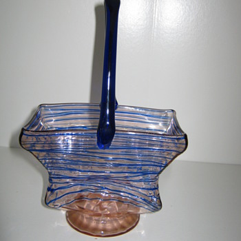 Czechoslovakia art glass Basket with cobalt blue threading Kralik - Art Glass