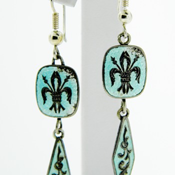 Antique Victorian Fluer De Lis Guilloche Men's Cufflinks Turned Into Earrings Sterling - Fine Jewelry