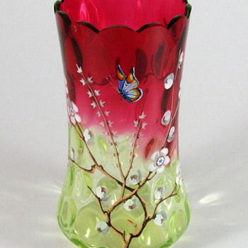 Phoenix Glass Rubina Verde Inverted Thumbprint Enameled Celery Vase - Art Glass